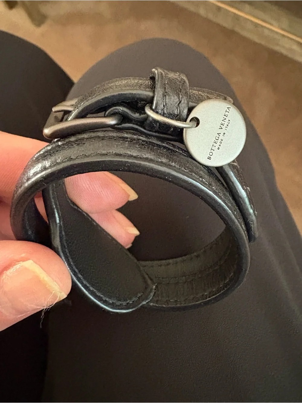 Bottega Veneta Black Leather Intreciatto Double-Wrap Bracelet with Round Tag XS